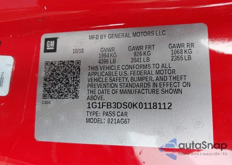 2019 Chevrolet Camaro 1Lt z USA, uszkodzony, nr VIN 1G1FB3DS0K0118112